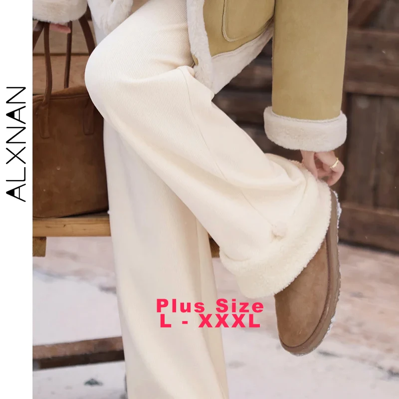 

ALXNAN Plus Size Pants Fleece Wide-leg Elastic High-waist Straight Pants Winter Warm Spliced Lamb Wool Thickness Trousers D08852