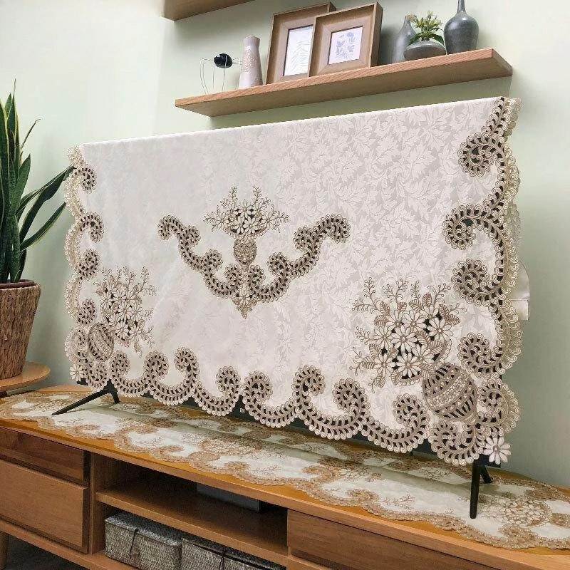 Elegant Embroidered Fabric TV Dust Towel, 55/65/75 Inch Curved LCD Screen Cover, European & Neo-Chinese Floral Home Decor