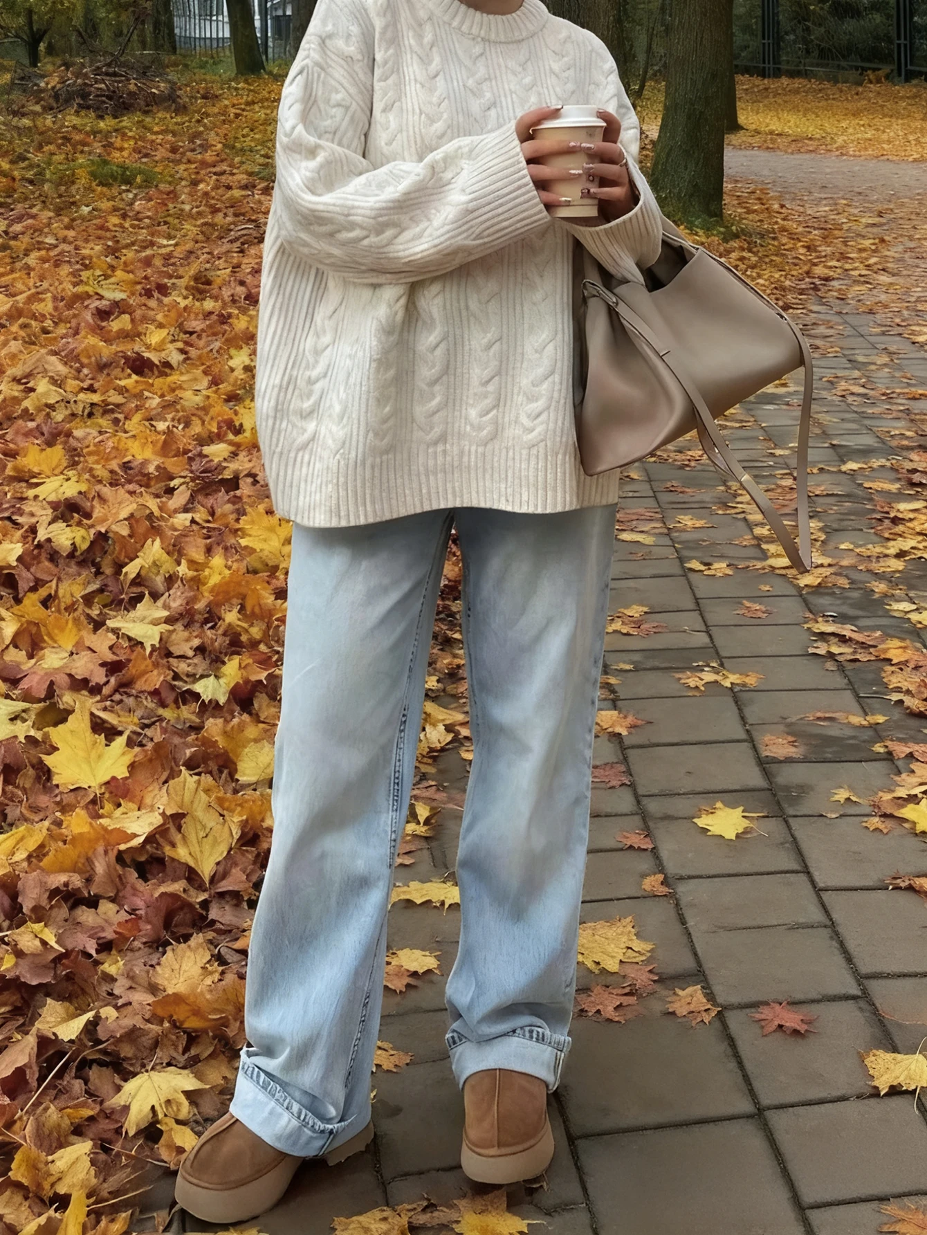 

Женский свитер оверсайз крупной вязки с круглым вырезом, однотонный бежевый, повседневный уличный стиль для осени и зимы