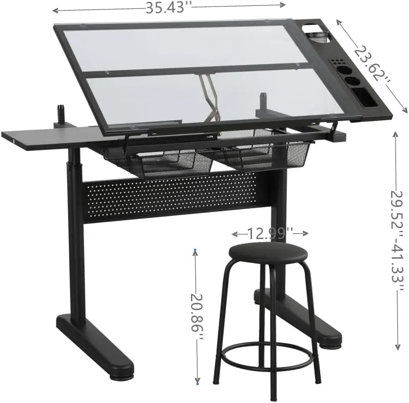 Glass Craft Table Drawing Desk – Drafting Tables Hobby Table Writing Studio Art Artist Desk with Adjustable Tilted view 3
