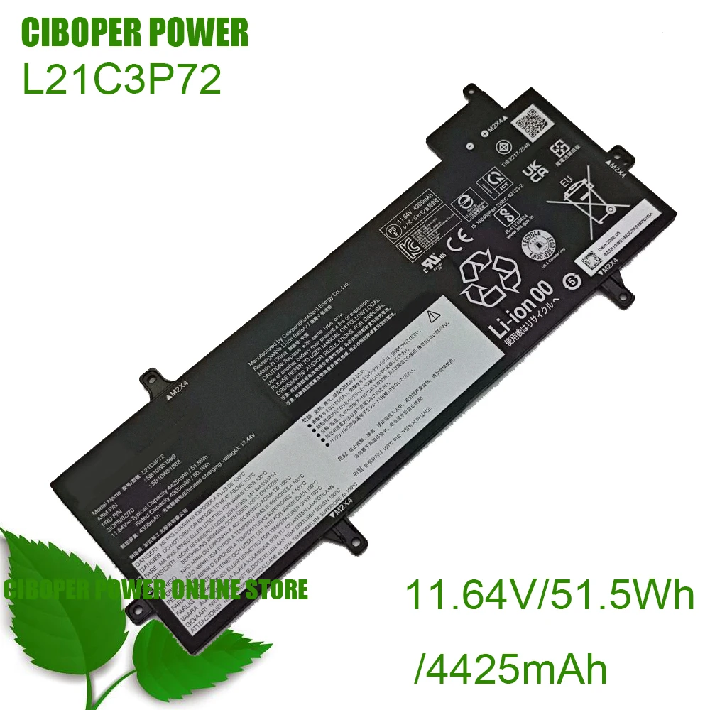 CP Laptop Battery L21C3P72 L21M3P72 L21C3P73 L21B3P71 11.64V/4425mAh/51.5Wh For ThinkPad Z13 Gen 1 21D2 21D3 Series Notebook