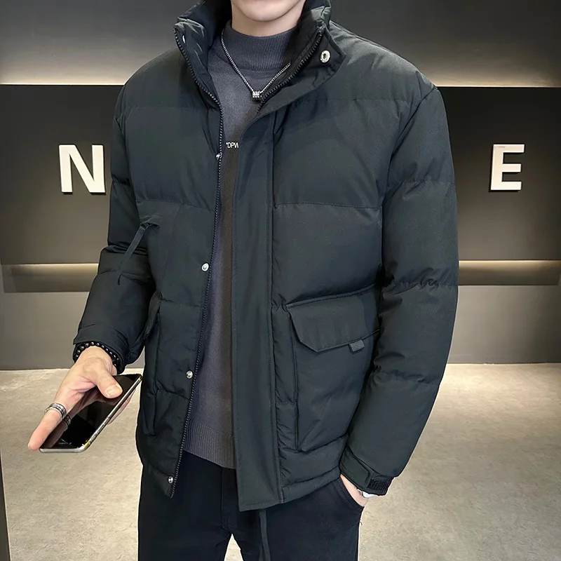 2023 New Men's Cotton Jaet Thiened ort Sle Stand Collar Bla Versatile Winter Coat Youth Faion Warm Pure Color
