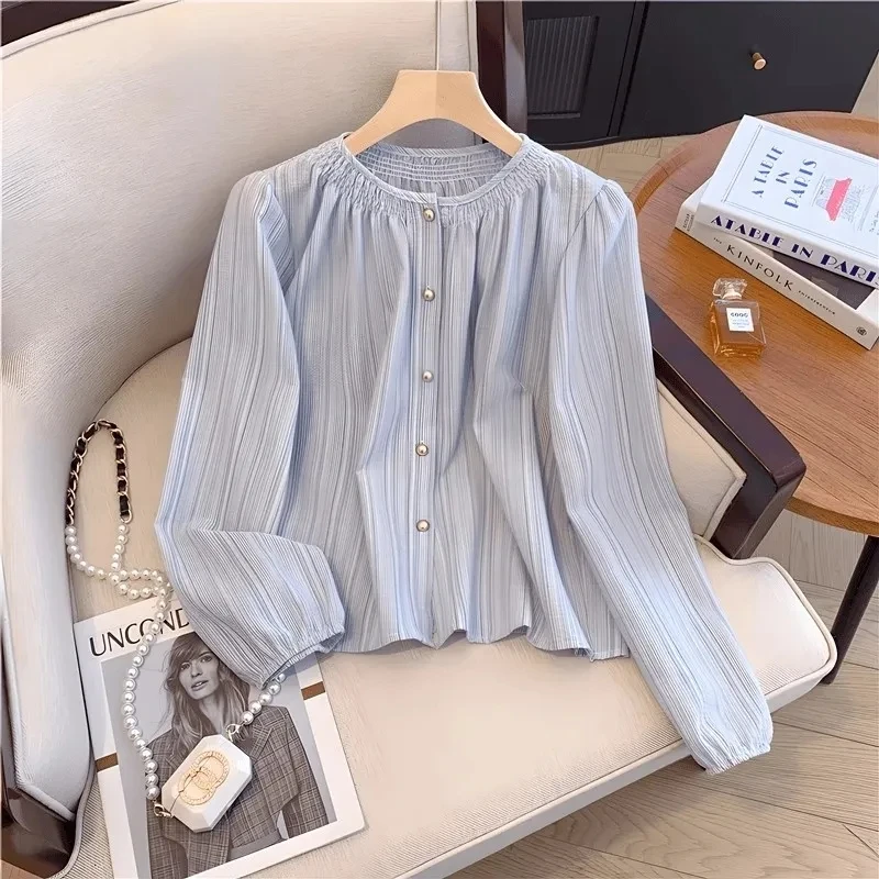 Camisas de manga larga para mujer, Tops con botones y volantes de satén, corte ajustado, estilo Y2K, ropa de calle femenina Retro de primavera, ropa diaria