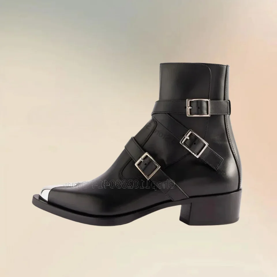 

Buckle Decor Black Metal Pointed Toe Boots Fashion Slip On Men Boots Luxury Handmade Party Feast Banquet Office Men Dress Shoes