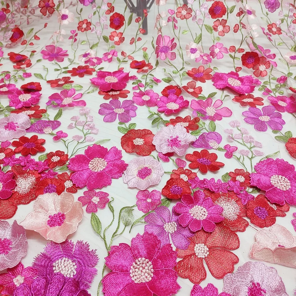 Rose/Red/Pink Mix Colored High-End Embroidered Fabric Flower 3D Appliqué Embroidery Lace Fabric Women's Dress Material  X533