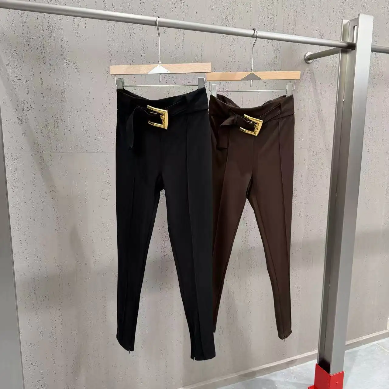 High Street Pants Women's High Waisted Slimming Black Casual Pants Metal Buckle Decoration Hanging Elastic Slim Fit Pants