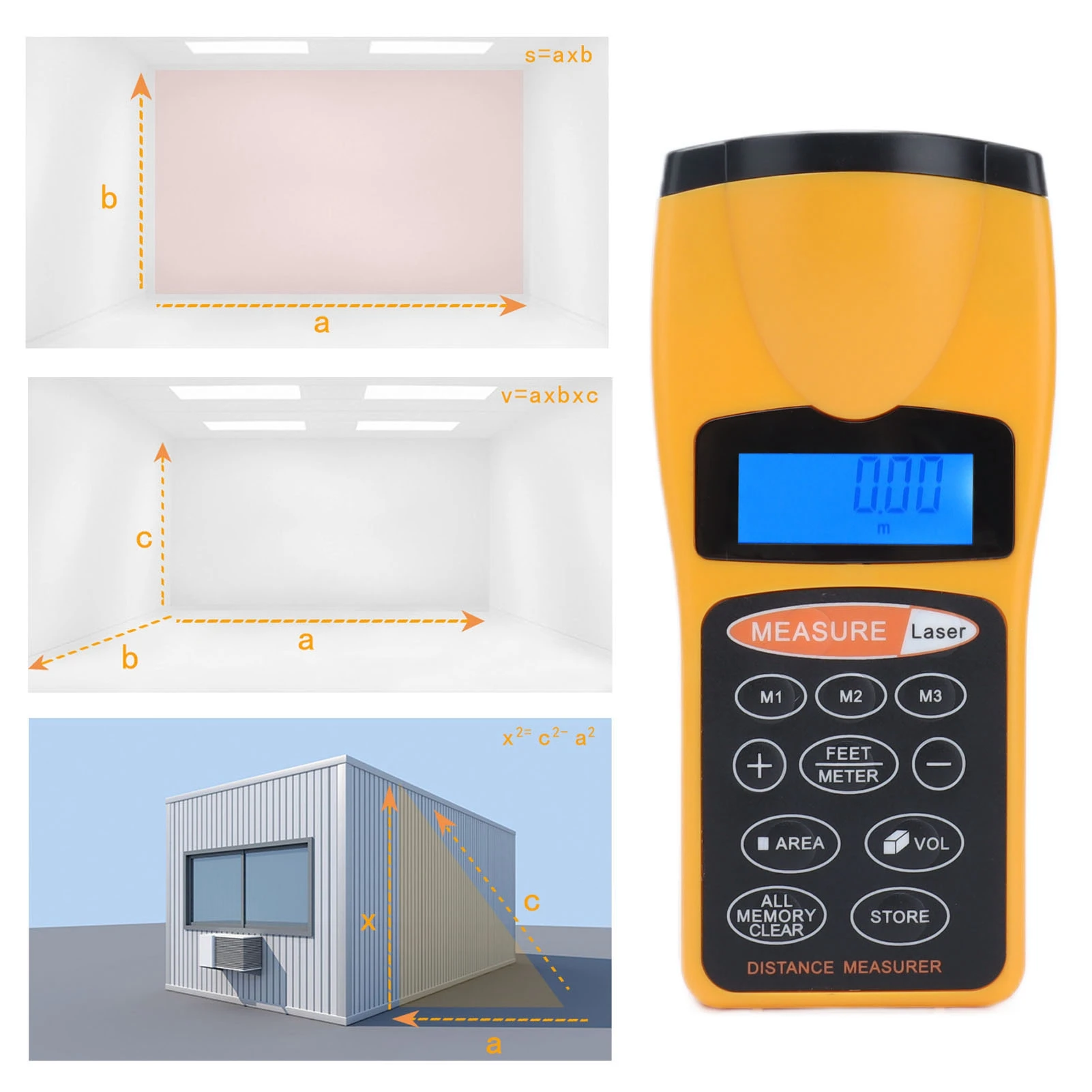 LCD Display Ultrasonic Distance Measurer Ultrasonic Area Volume Measurement Digital Distance Meter Portable