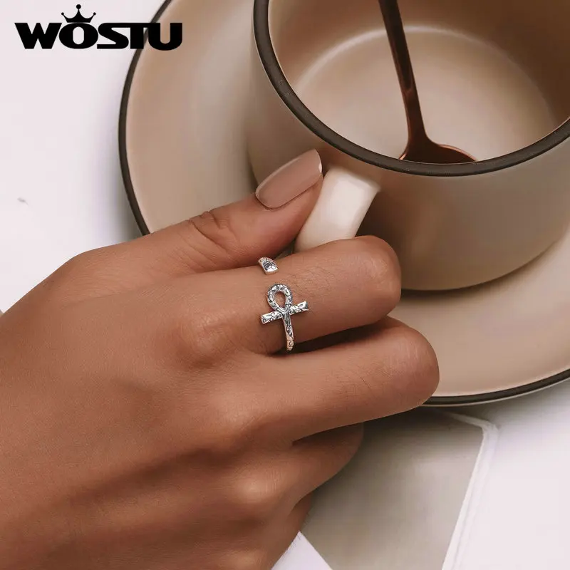 WOSTU Real 925 Sterling Silver Ankh Egyptian Cross Opening Rings for Women Retro Vine Sizeable Rings Best Birthday Jewelry Gift