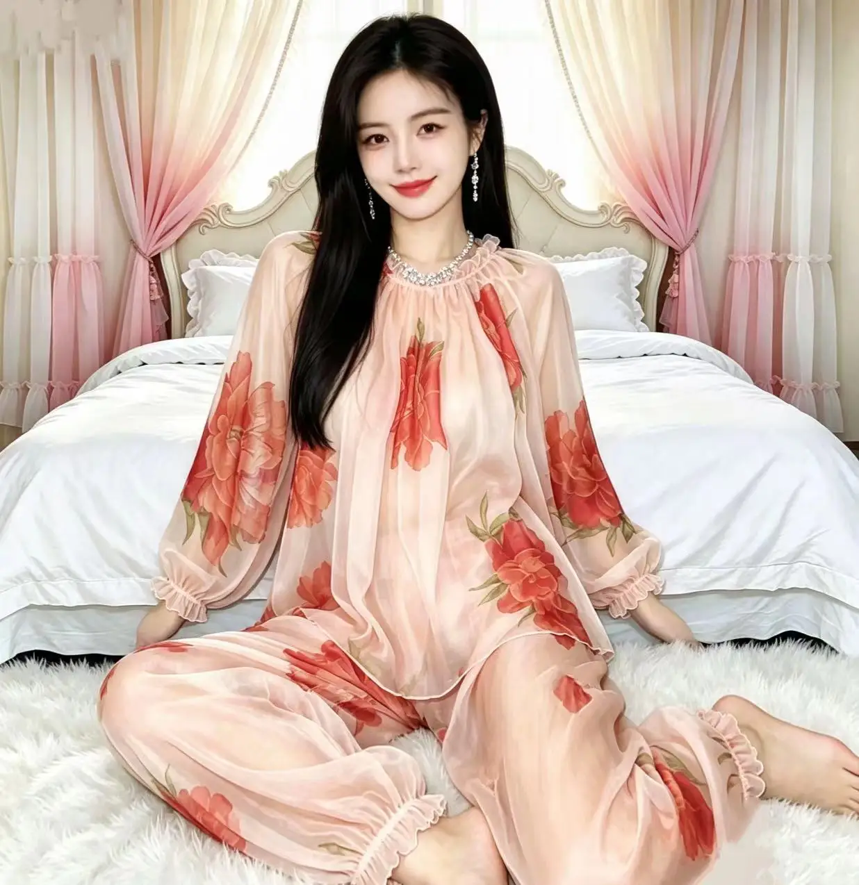 New Thin Sheer Soft Smooth Delicate Chiffon Sexy See-through Pajama Set Unisex Loungewear Party Nightclub Stage Costume