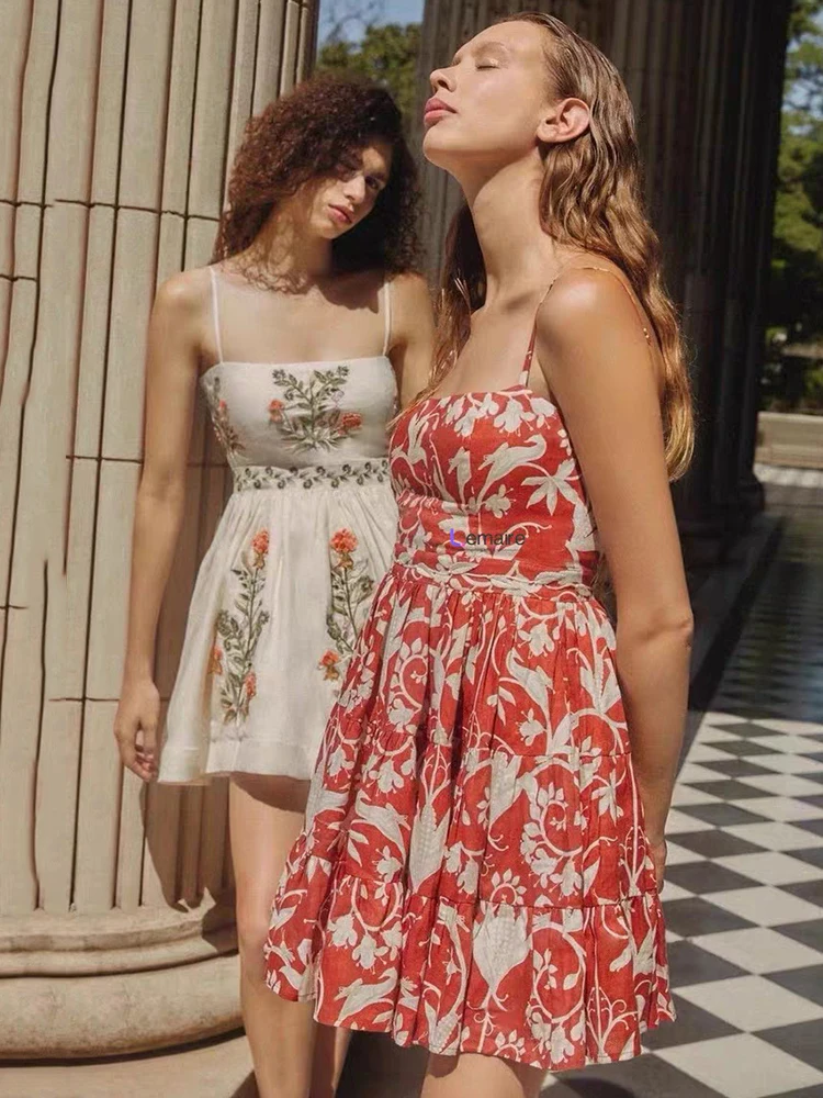 2026 Summer Women's Clothes Small Dress Retro Embroidery Sexy Suspender Dress Fashion Smocked Waist Loose Hem Short Skirt