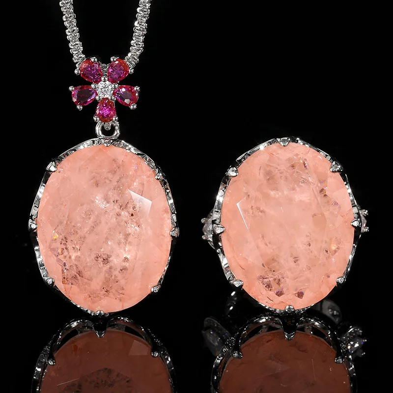 

Oval Cut Pink Rose Quartz Necklace Adjustable Ring Flower Top Ruby Accent Gemstone Fashion Jewelry Women Party Gift Wholesale