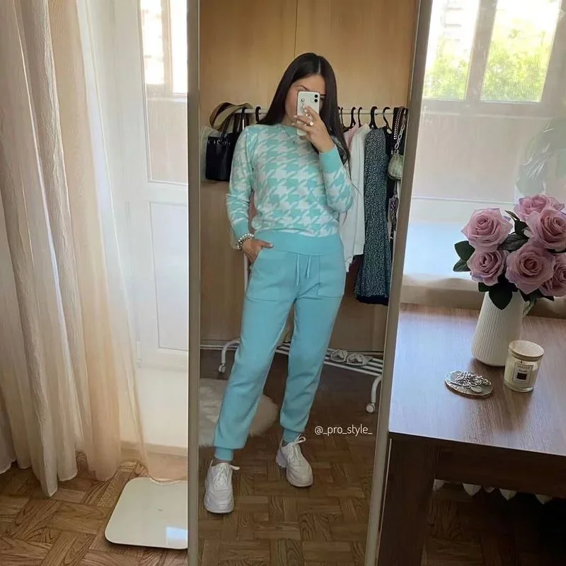 Houndstooth Knit Womens Tracksuits Fashion O Neck Woman Pullovers + Harem Pants Two Piece Sets Winter Outfits Four Color