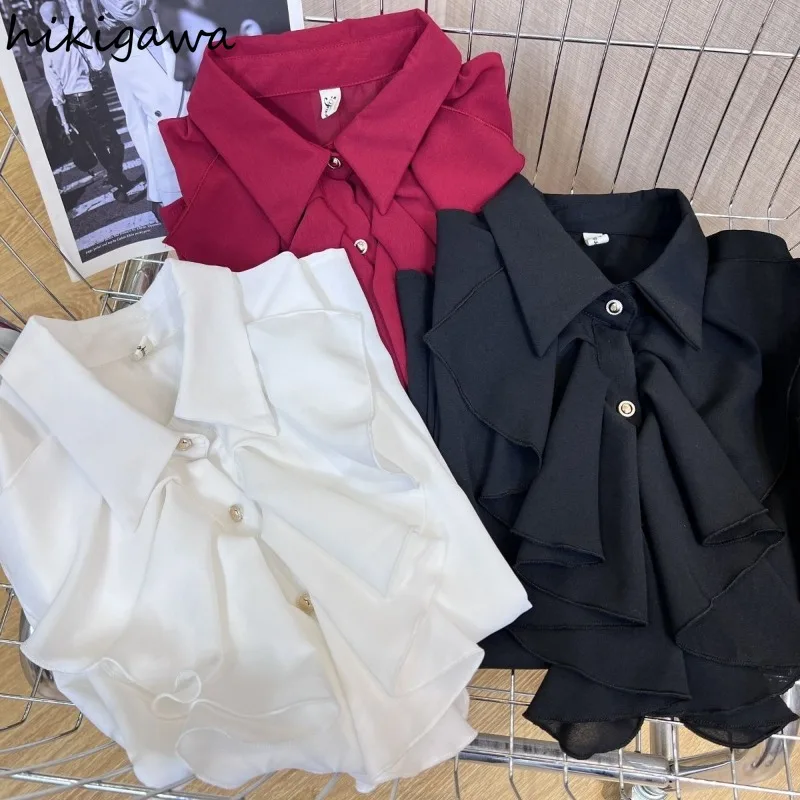 2024 Blusas Mujer De Moda Long Sleeve Solid Color Blouse for Women Vintage Summer Shirts Sweet Ruffles Loose Korean Blouses Tops