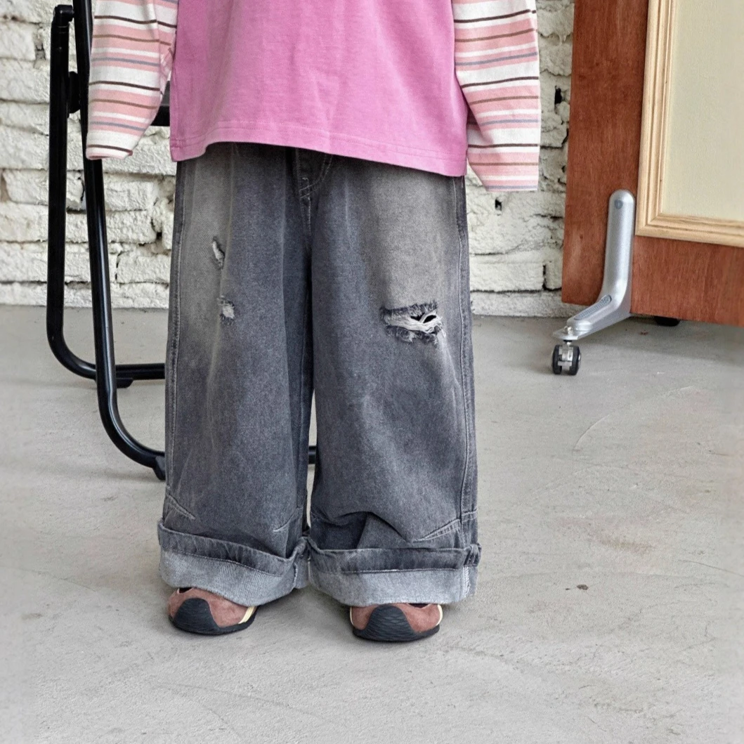 

Осень 2023, новые детские потертые джинсовые брюки, американские винтажные рваные мягкие прямые широкие джинсы, повседневные брюки