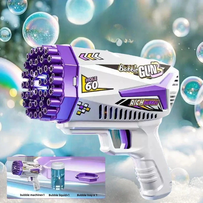 Pistola a bolle automatica ricaricabile di grande capacità con luci colorate, materiale plastico, adatta per compleanni interni ed esterni