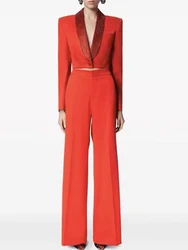 Heavy industry V-neck diamond-encrusted long-sleeved hollow short suit in autumn 2024+high waist straight pants fashion suit