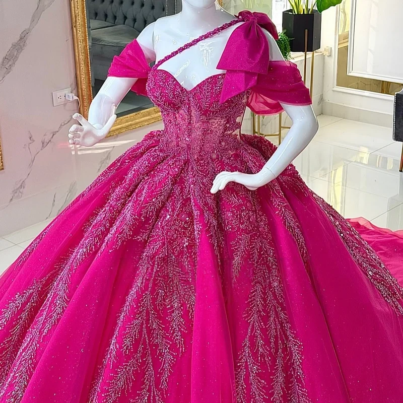 

Rose Pink Quinceanera Dress off-shoulder Crystal Glitter Decal Long tail Bow vestidos de 15 Quinceanera ﻿Customized