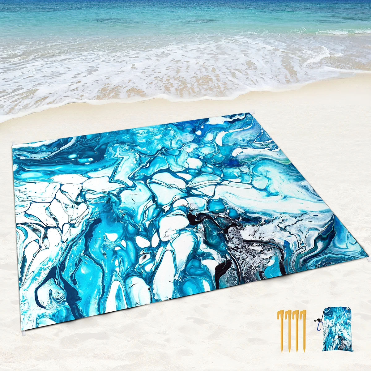 Beach Blanket Waterproof Sandproof,Blue Marble Black Picnic Rugs with Sand Pockets and Stakes,Marbling Outdoor Pad for Seaside