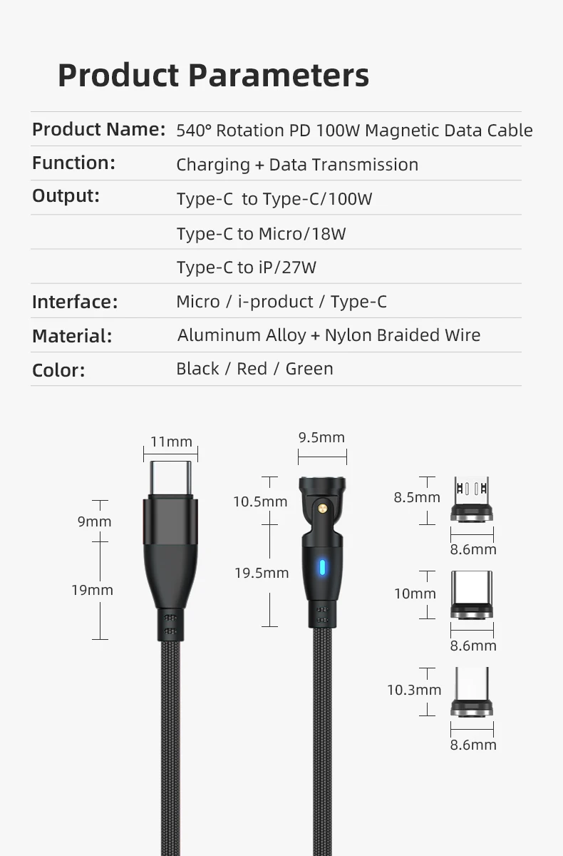 고속 충전 마그네틱 회전 충전 케이블, 데이터 USB, 540 도, C타입 마이크로 아이폰, 100W 충전기, 3 in 1, 9 핀