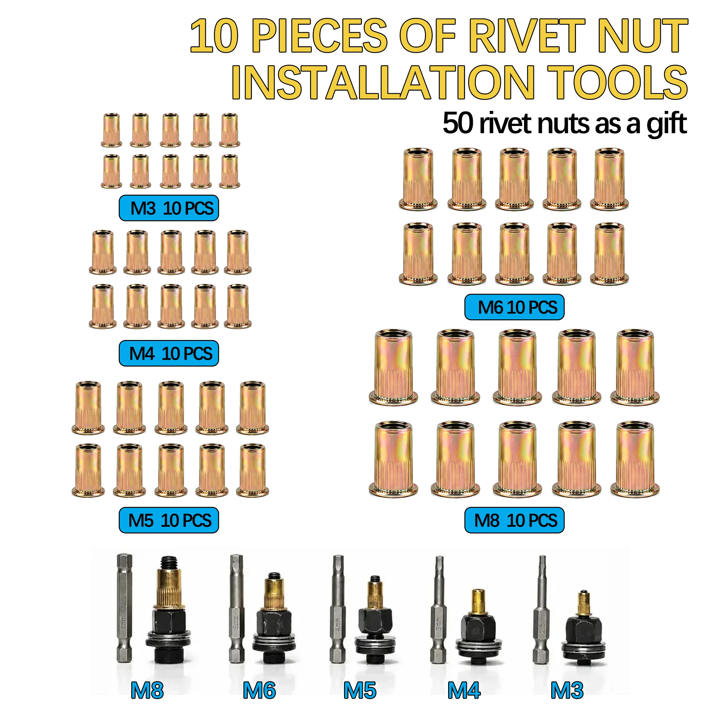 Rivet Nut Assemblage Kit: 10 Tools + 50 Free Rivet Nuts（M3-M8）