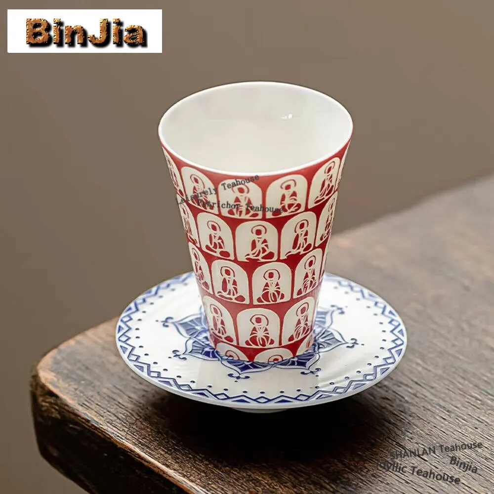 35ML Creative Thousand Buddha Teacup White Porcelain Red Dust Cup Saucer Set Tea Bowl with Holder Kit Personal Chazahan Teaset