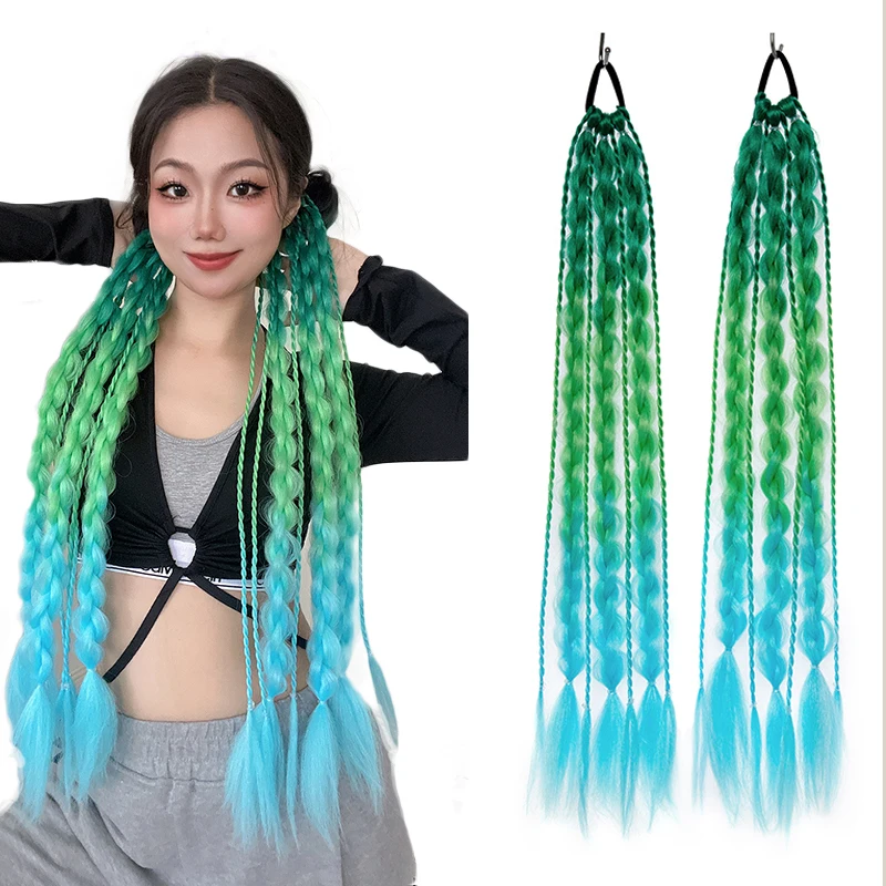 Girls Colorful Braided Ponytail Extension with Rubber Band 2Pcs Crazy Hair Day Accessories for Women Kids Synthetic Hairpieces