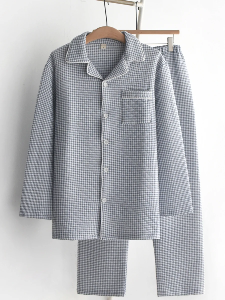 

Couples Plaid Spwear Long Sve Home Clothes Set Pure Cotton Air Layer Tee-layer Cotton Warmth Autumn Winter Home Clothes