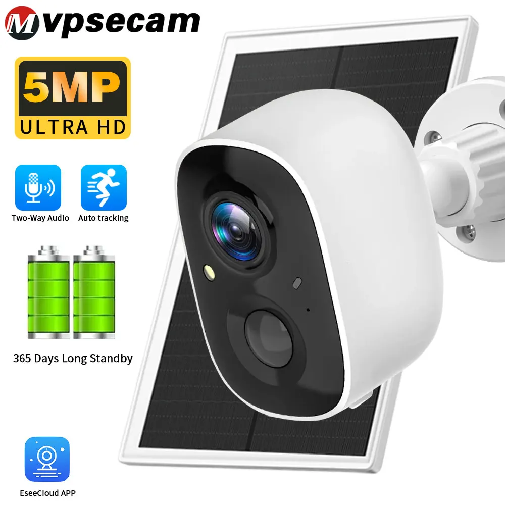 

5MP WiFi Solar Camera, Built-in Outdoor Battery, 365 Days Backup, Two-way Audio PIR Human Body Detection Safety Protection