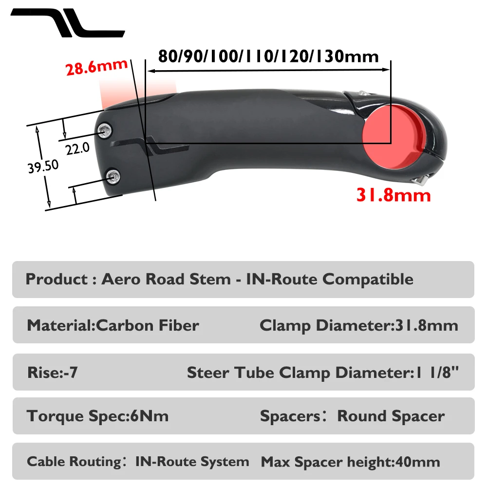 ساق من ألياف الكربون SES Aero، جذع دراجة الطريق، توجيه الكابل الداخلي، -7 ° زاوية، 80 مم - 130 مم، تتضمن قوسًا/ملحقات الفواصل #4