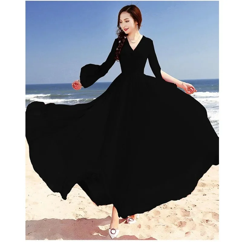 2024New Summer Chiffon Women\'s Long Dress Fashion V-Neck Split Long Sleeves Solid Bohemian Beach Dress Lady Party Dresses Female