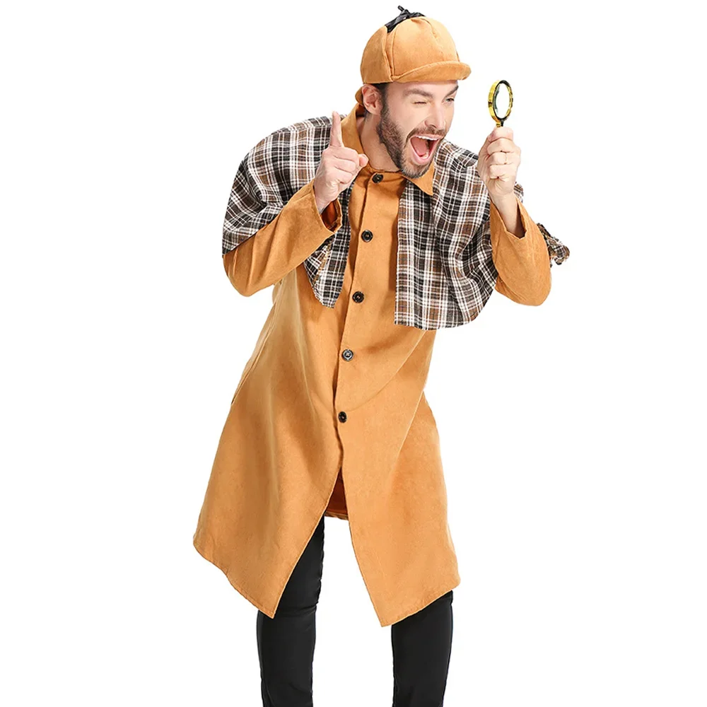 Adult Men British Style Checkered Shawl Long Sleeve Overcoat Detective Cosplay Costume Script Play Game Outfit Halloween Costume