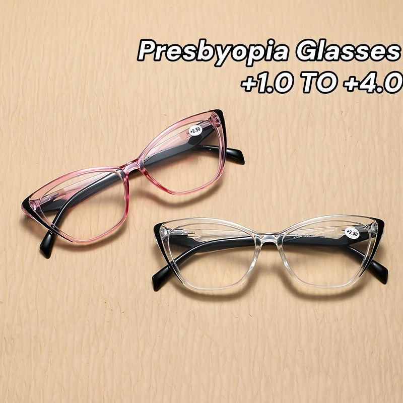 

Women Cleat Lens Anti Blue Light Presbyopia Glasses New Retro Plastic Cat Eye Reading Vintage Diopter Eyeglasses Men +1.0