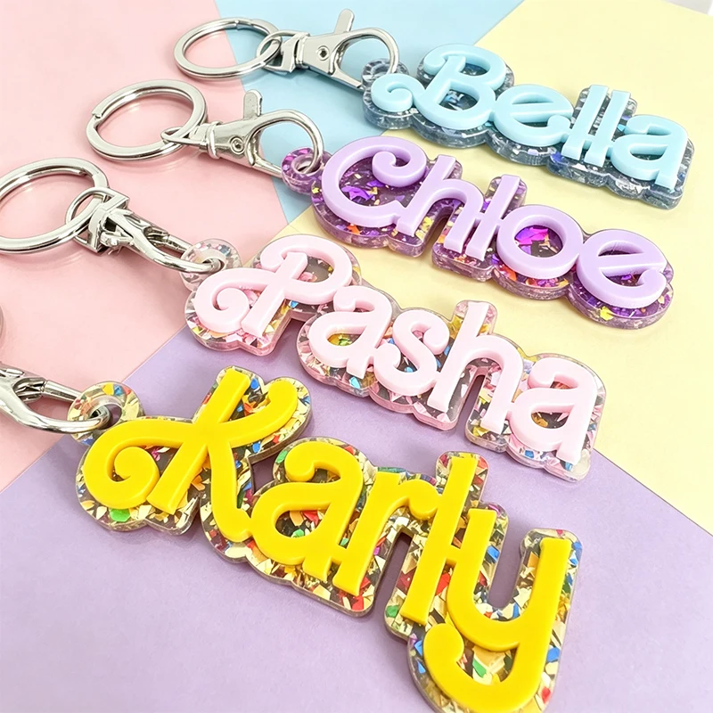 Pink Blue Color Acrylic Custom Name Backpack Keychain 3D Double Layers Name Tag Personalized Keyring Bag Charm Car Accessory