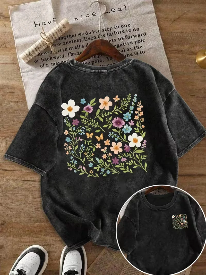 Flower Print Retro Washed T Shirt Loose Round Neck Fashion Women's Wash Short Sleeve Burning-out Printing Women's T-shirt