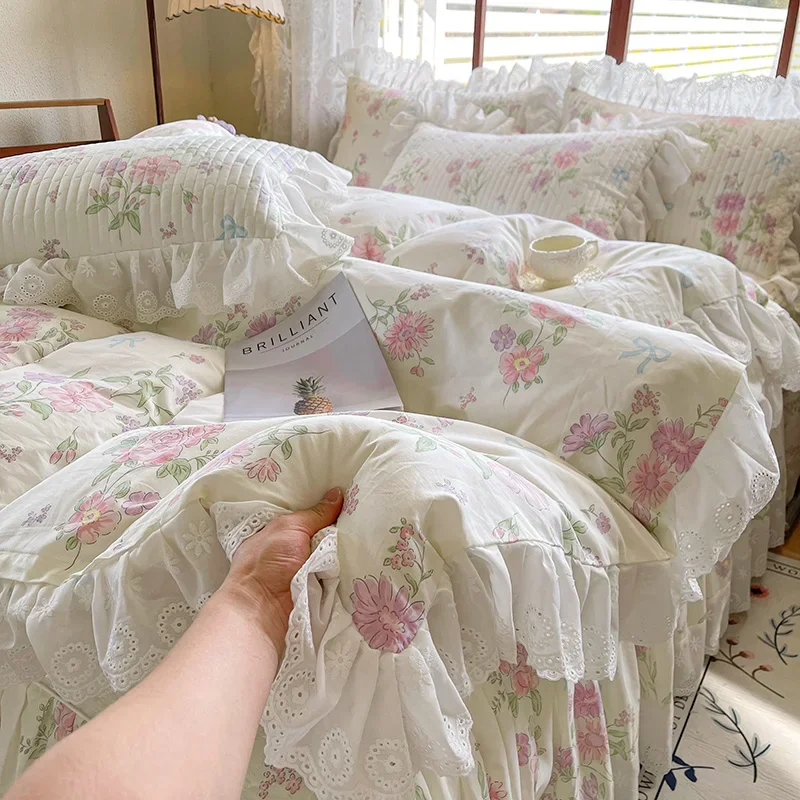 100% Cotton Korean princess style Floral Lace Ruffles Bedding Set Duvet Cover Set Quilted Bed Skirt Fitted Sheet Pillowcases