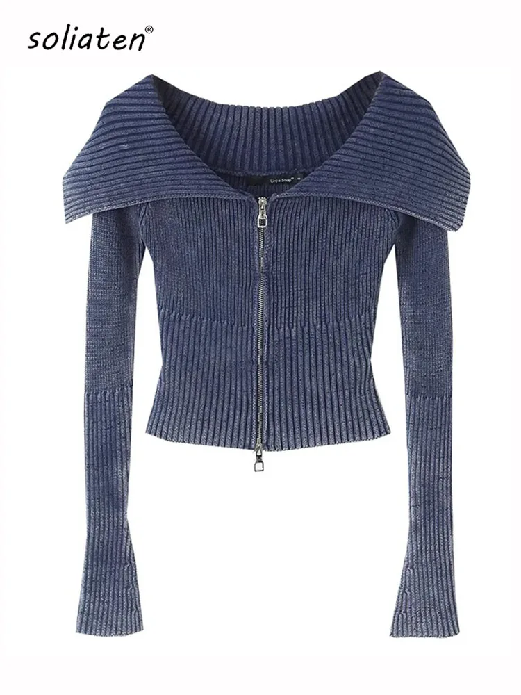 2024 Autumn Y2K Knitted Women Cardigan Sweater Wrist Sleeve Slim Turn-Down Up Collar Double Zippers Female Crop Top C-192