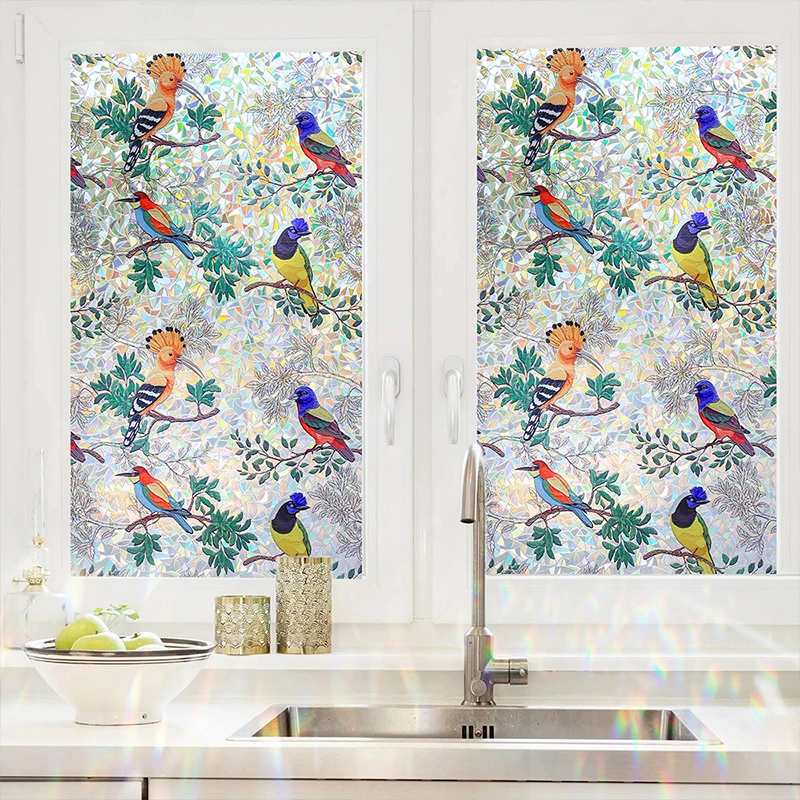 

Stained Glass Window Film Static Cling Door Privacy Film Home Office Decorative Flowers Birds Window Decals Stickers