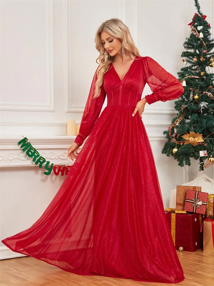 Lucyinlove-Robe de soirée rouge élégante à manches longues pour femmes, col en V, longueur au sol, mousseline de soie, mariage, cocktail, Rh, 2023