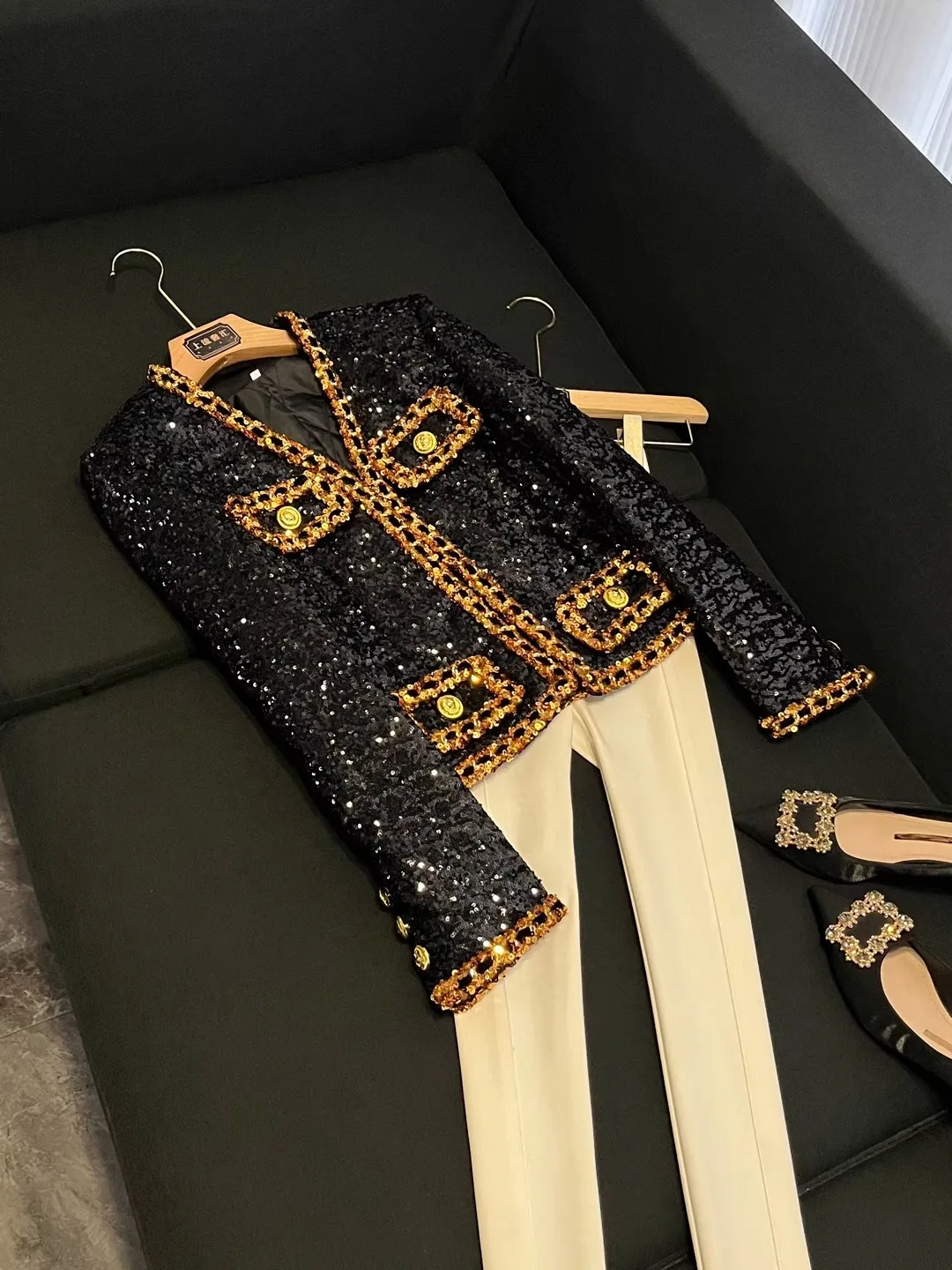 Fall 2026 New Heavy Work Sequin Chain Short Open Cardigan Short Jacket Elegant Ladylike A3181 Commute Style Slim Fit Long Sleeve