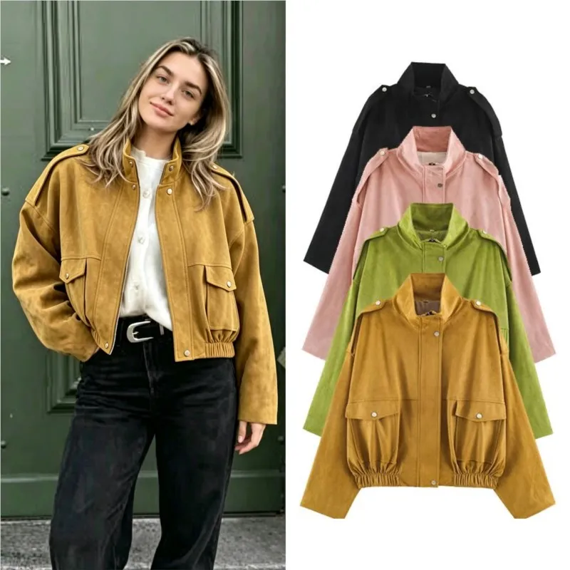 Women's Pilot Jacket Faux Suede Stand Neck Long Sleeves Pockets Elastic Hem Coat New Autumn Casual Lady Loose Street Outerwear