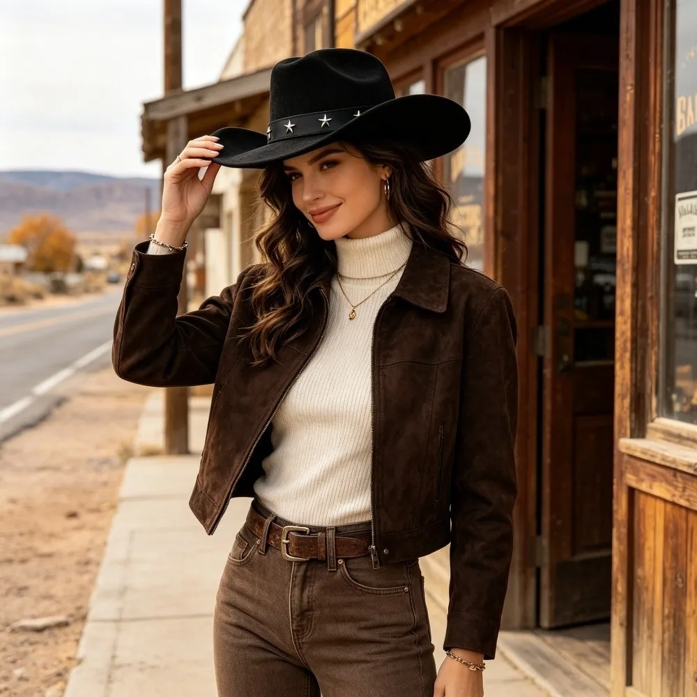 Gift Big Brim Fedora Hat Five-pointed Star Belt Breathable Western Top Hat Curved Brim Vintage Cowboy Cap Outdoor