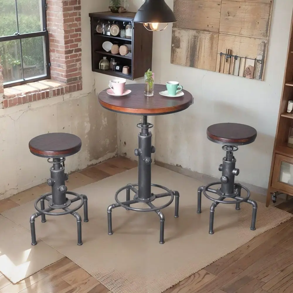 3 Piece Pub bar Set Vintage Industrial Round bar Table and Stools for 2, Height Adjustable Pub Table and stools Match bar Heigh