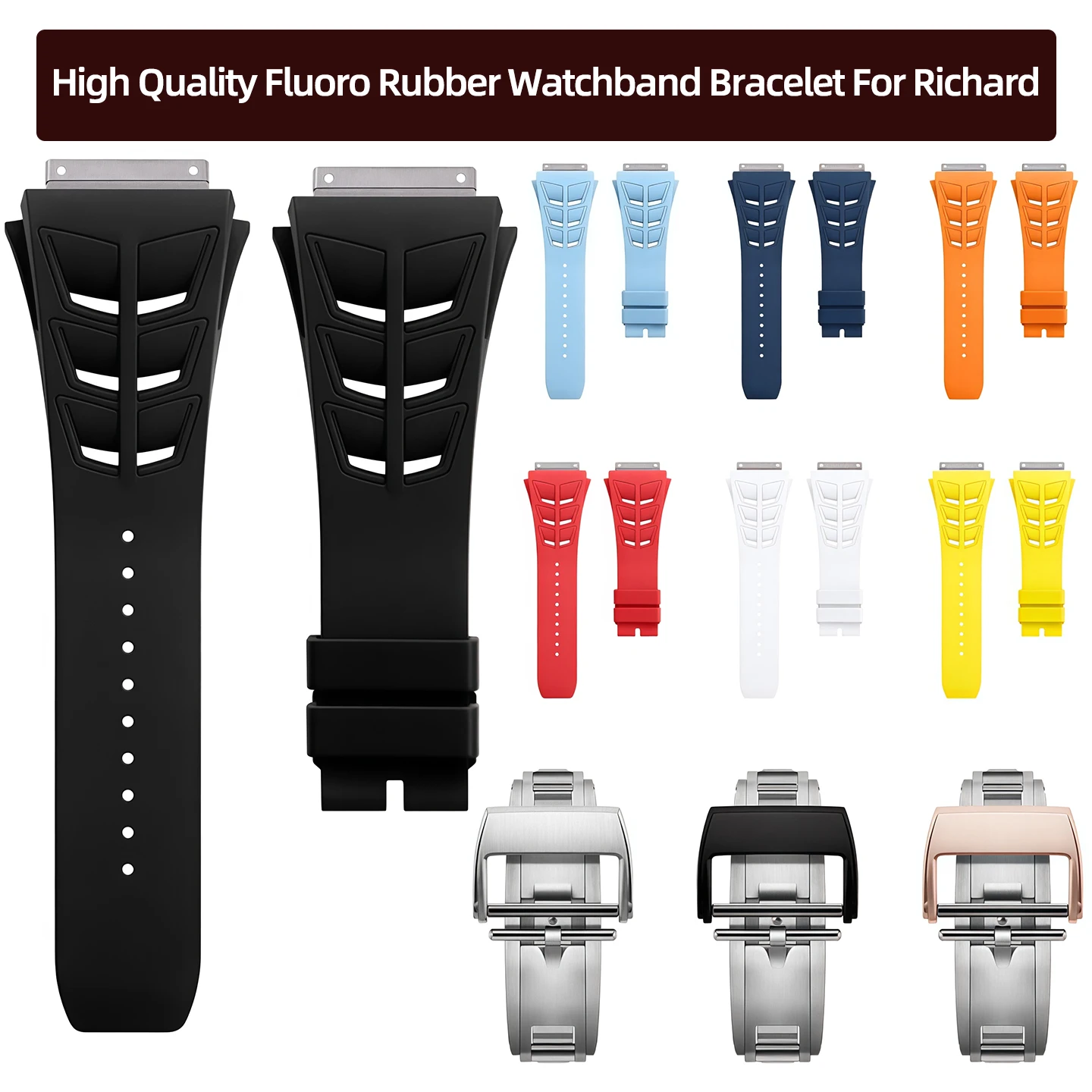

High Quality Fluoro Rubber Watchband For Richard Strap Mille Wristband RM055/030/3501/3502/3503 series With folding buckle