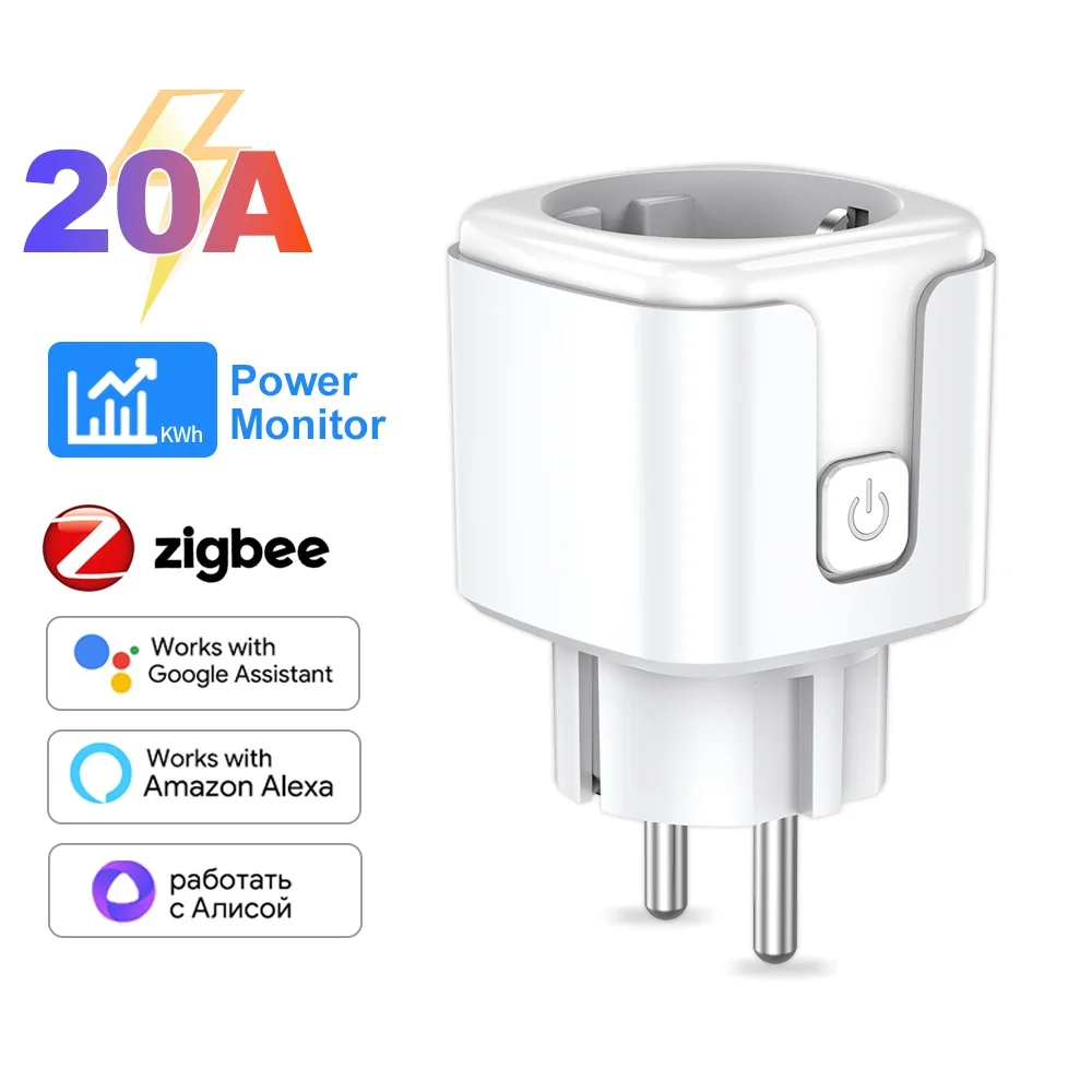 Smart Socket EU 20A zigbee Smart Plug With Power Monitoring Smart Home Voice APP remote Control Support Google Assistant Alexa