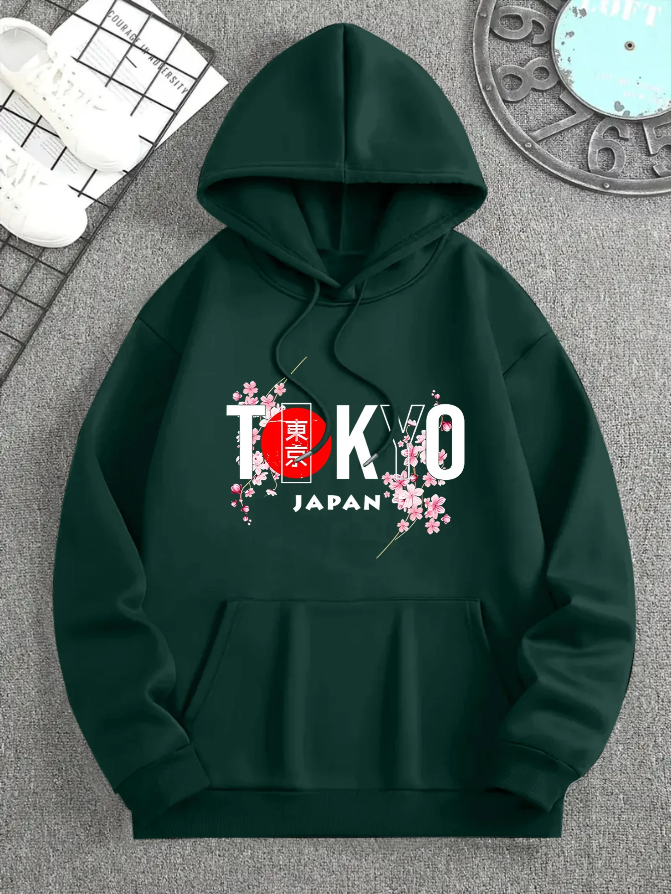 Stylish Japanese-inspired unisex hoodies featuring floral elements, suitable for autumn and winter; a casual, fitted style.