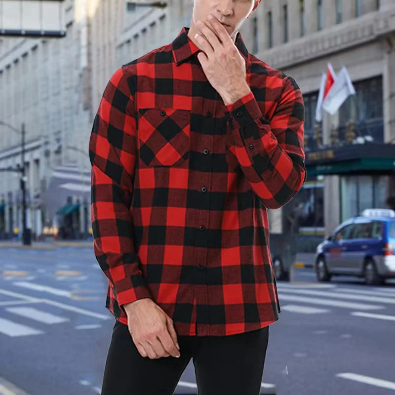 2023  Cotton Heavyweight Retro Vintage Spring Autumn Winter Long Sleeve Buffalo Plaid Flannel Shirt Jacket for Men