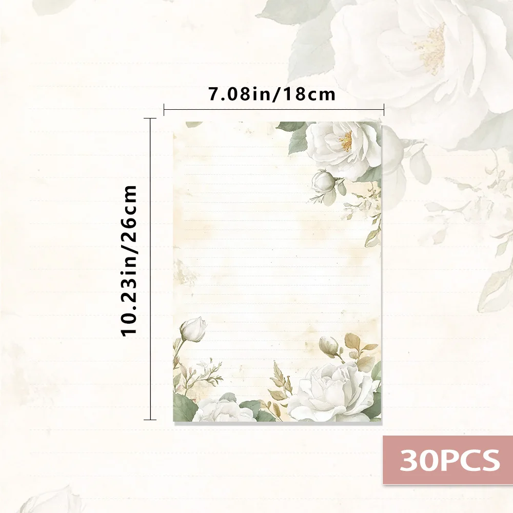 30 sheets, French white rose themed writing paper, lined, glue-free, perfect for notebooks, memos, and stickers