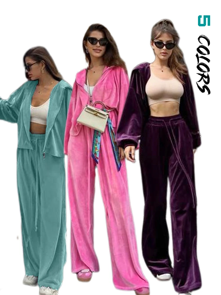 

Loose Streetwear Women's Set Velvet Zipper Sweatshirt and Jogger Wide Leg Sets Casual 2024 Fall Tracksuit Two 2pcs Set Outfits