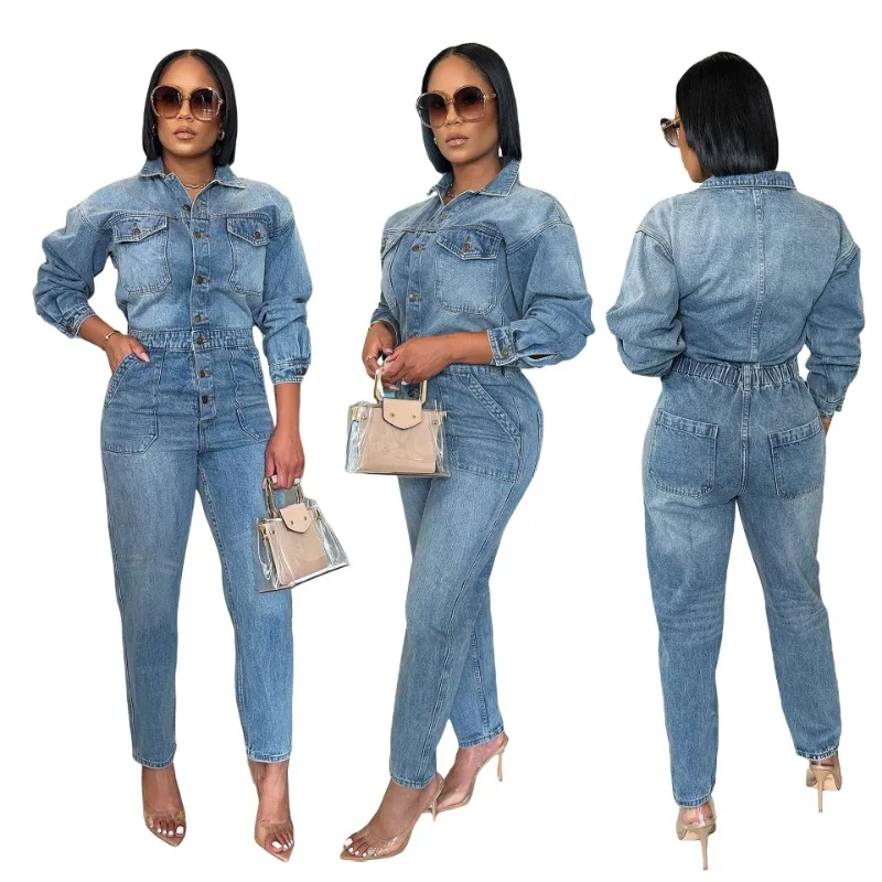 Women's Jeans Jumpsuits Fairy Spring Fall Dress Pants Denim Long-sleeved Buttons Tight Sexy Simple New Harajuku Versatile