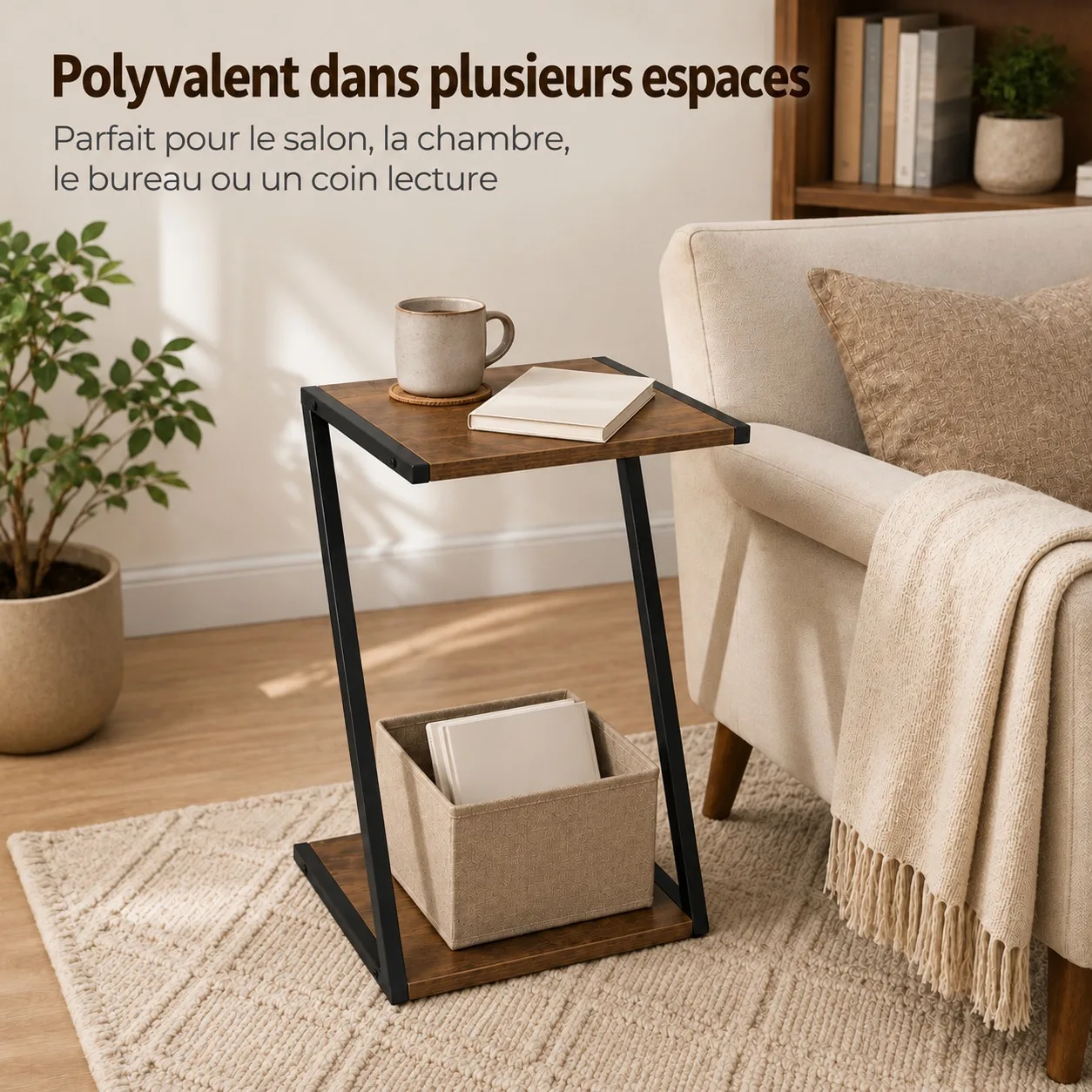 Mesa auxiliar industrial con forma de Z para el salón y el dormitorio, mesa compacta para colocar al lado del sofá, con estructura de metal negro y superficie de madera de color marrón, mueble con espacio de almacenamiento, 20x29x50 cm.